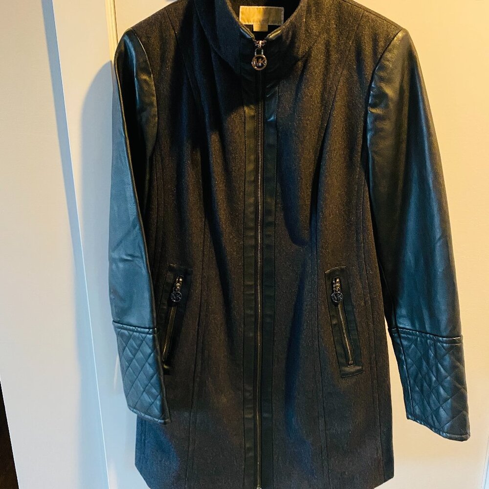 Michael Kors Gray Wool Blend Moto Coat Black Faux Leather Quilted Sleeves, W/M